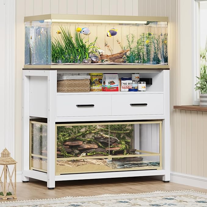 40-50 Gallon Fish Tank Stand with Power Outlet & 2 Storage Drawers, Heavy Duty Metal Frame Aquarium Stand with Waterproof Mat, 36.6" L*19.1" W Tabletop, 800LBS Capacity, White+Brown-PawvioPets