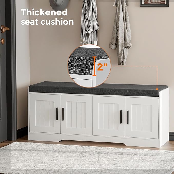 2-Tier Storage Bench, Shoe Bench with Thickened Padded Seat Cushion, Entryway Bench with 4 Doors, Adjustable Shelf, 13.8" D x 45.3" W x 18.5" H, for Entryway, Living Room, Bedroom, White-PawvioPets