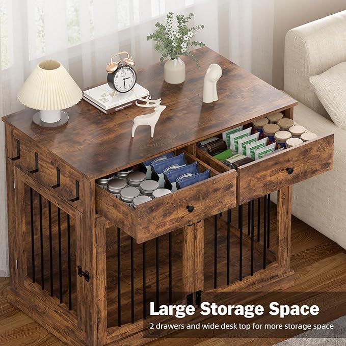 40 Inch Furniture-Style Dog Crate-Multipurpose Wood Pet Crate Furniture with Double Doors,2 Drawers, Decorative Dog House Indoor for Smal/Medium Dogs, Brown Finish-PawvioPets