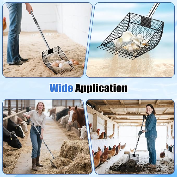 CAROD Chicken Poop Scooper & Rake 2-in-1, Metal Chicken Coop Scoop for Poop with 24 to 68" Adjustable Stainless Steel Handle, Litter Scooper Sand Sifting Shovel Chicken Coops/Animals House-PawvioPets