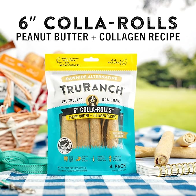 Collagen Rolls - 6" Collagen Rolls for Dogs - Long Lasting Healthy Joint Support Dog Treat - Rawhide Alternative - Skin & Coat Health - Made with Real Peanut Butter, 1 Bag, 4 Count-PawvioPets