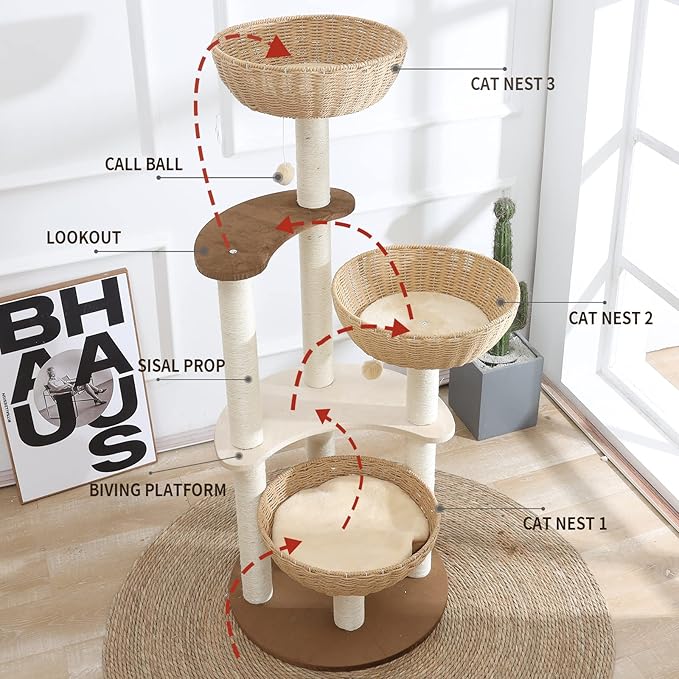 52" Modern Cat Tree Tower for Large Cats, 3Cat Nests Manual Hand Woven Multilevel Huge Paws Pals Cat Tree, Wood Cat Tower, Cat Scratching Tree, Cat Condo, Cat Lover Gift-PawvioPets