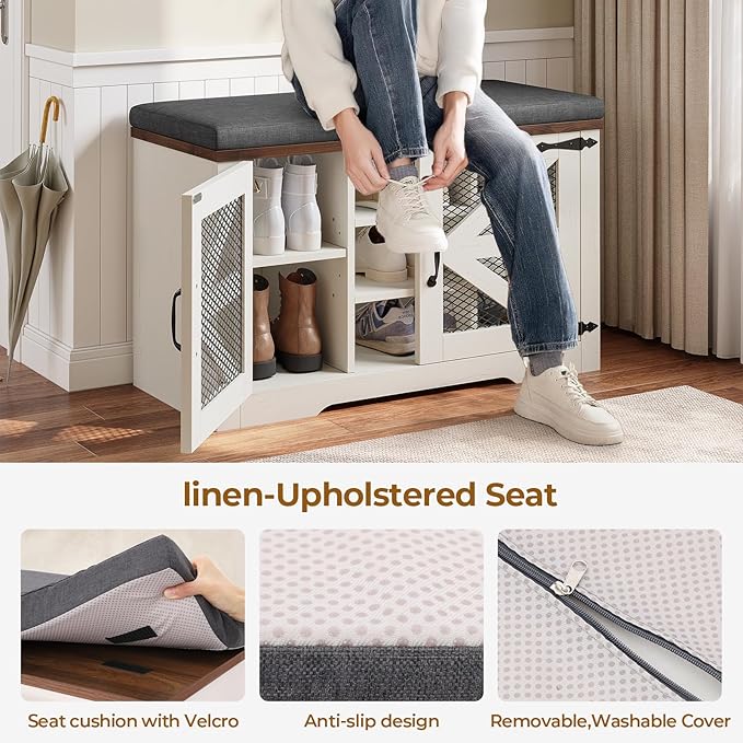 Farmhouse Storage Bench with Cushion, Metal and Wood Shoe Rack Organizer, Adjustable Shelf, Shoe Cabinet with Half Hidden Storage Space, for Entryway, Bedroom, Living Room (Old White, 31.4in)-PawvioPets