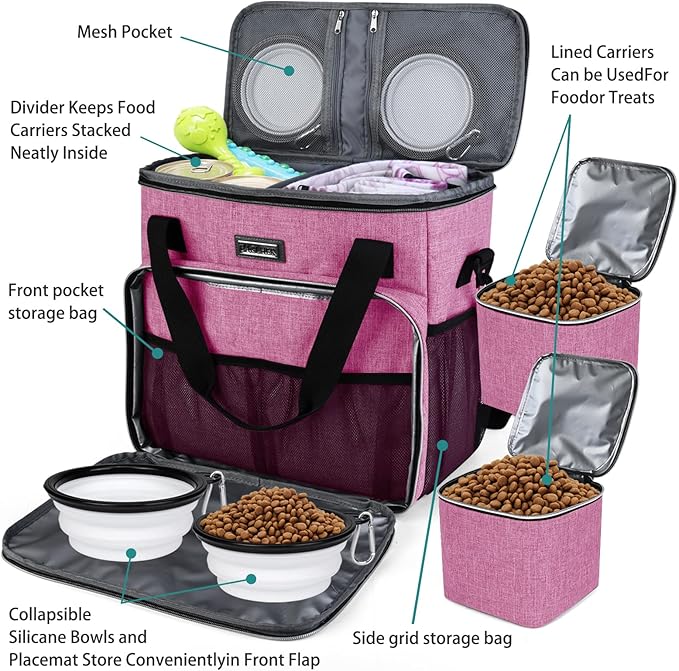 BAGLHER Dog Travel Bag, Pet Travel Bag (ALL Pet Travel Supplies), With 2 Pet Food Containers and 2 Collapsible Silicone Bowls; Essential Kits for Pet Travel Pink-PawvioPets
