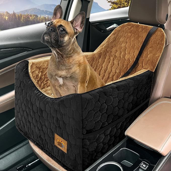 Dog Car Seat for Small/Medium Dogs, Memory Foam Dog Booster Seat, Travel Safety Per Car Seat with Washable Removable Cover, Storage Pockets for Dogs up to 35 lbs(BlackBrown)-PawvioPets