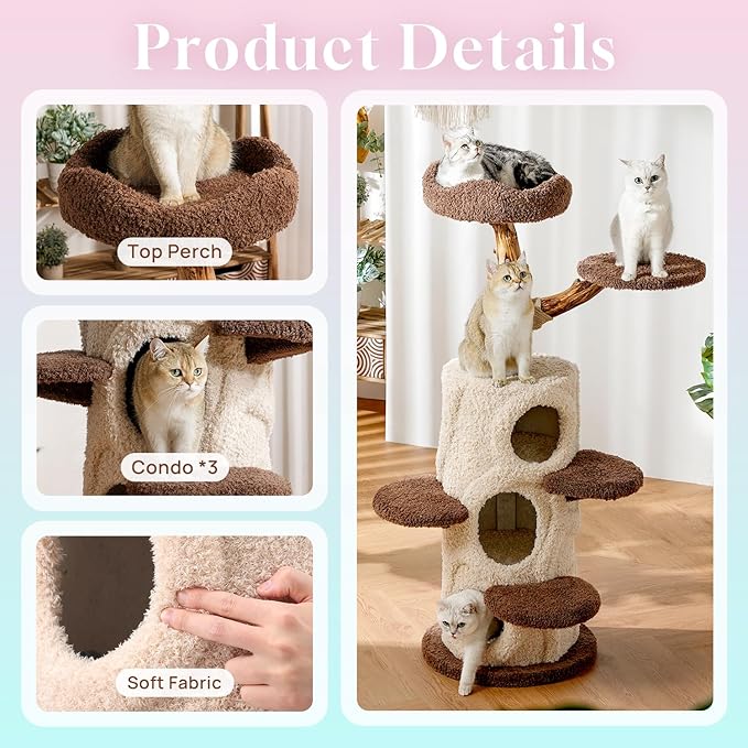 54.7'' Tall Modern Wood Cat Tree with 3 Level House, Luxury Cat Tower for Home Decoration, Large Cat Condo for Multi-Cat Families-PawvioPets