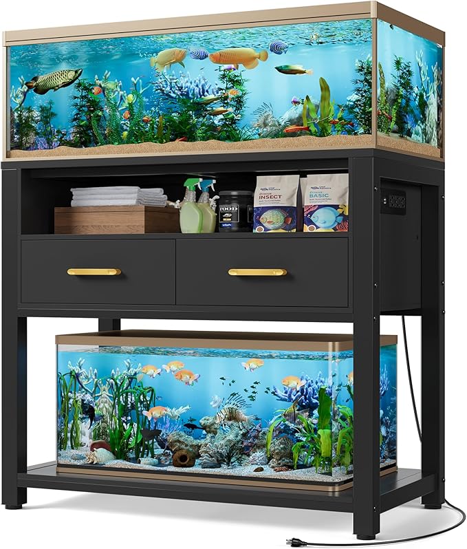 40-50 Gallon Aquarium Stand with Stable Metal Frame & Power Outlet, Heavy-Duty Fish Tank Stand with Waterproof Mat, 800LBS Capacity Storage Cabinet, Suitable for Turtle Tank, Reptile Terrarium, Black-PawvioPets