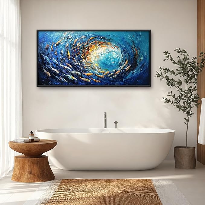 Extra Large Framed Abstract Ocean Fish Wall Art,Oversized Blue Sea Nautical Fish Wall Decor Pictures for Living Room,Canvas Print Painting Modern Artwork Bedroom Office Bathroom Home Decor 60L x30W-PawvioPets