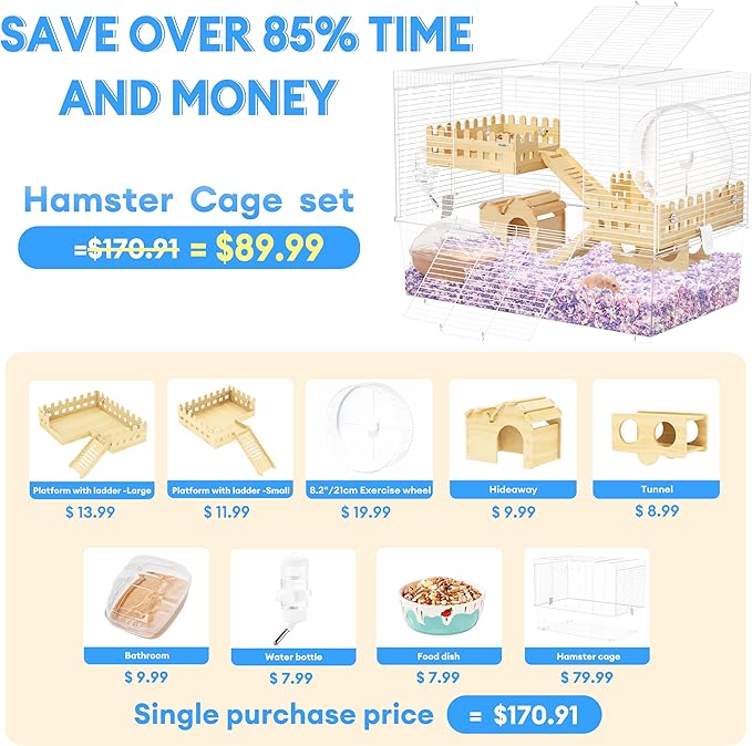 BUCATSTATE Hamster Cage Includes 8 in 1 Accessories, 3-Level Hamster Rat Cage and Habitats for Gerbil, Mice, Syrian Dwarf Hamster (24.4" L x 13.8" W x 16.9" H)-PawvioPets