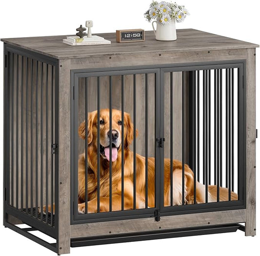 Dog Crate Furniture, Large Dog Crate Furniture, Dog Crate End Table for Large and Medium Dogs, Wooden Cage Kennel Furniture Indoor, Modern Dog Crate with Multi-Purpose Removable Tray-PawvioPets