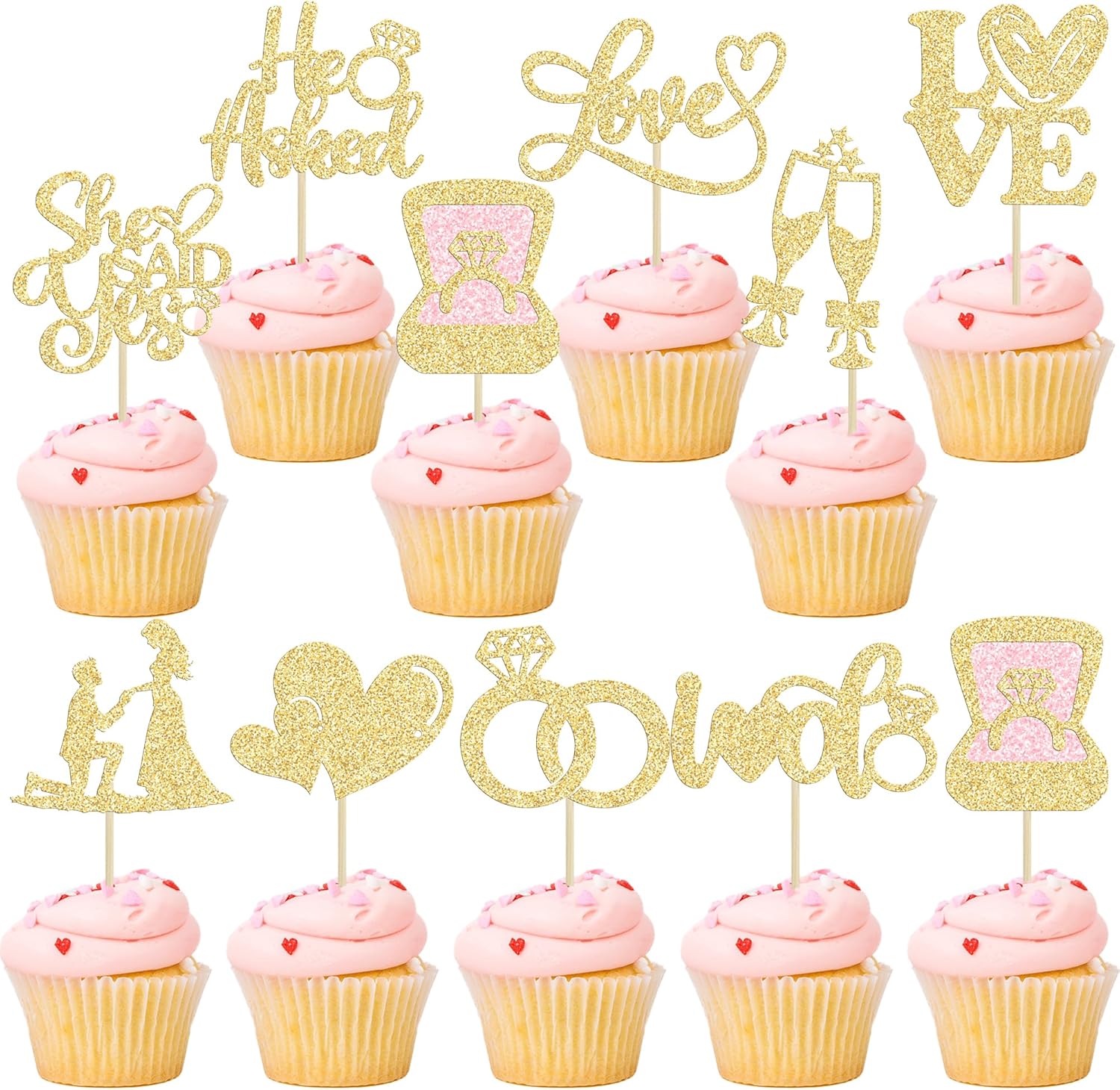 Ephlyn 30Pcs He Asked She Said Yes Cupcake Toppers Glitter Engagement Cupcake Toppers Diamond Ring Heart Love I Do Cupcake Picks for Engagement Wedding Party Cake Decorations Gold