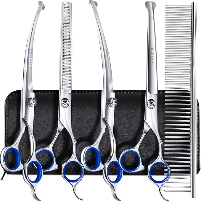 Gimars 7.0in Professional 4CR Stainless Steel Safety Round Tip 6 in 1 Dog Grooming Scissors Heavy Duty Titanium Coated Pet Grooming Scissor for Dogs, Cats and Other Animals-PawvioPets