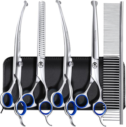 Gimars 7.0in Professional 4CR Stainless Steel Safety Round Tip 6 in 1 Dog Grooming Scissors Heavy Duty Titanium Coated Pet Grooming Scissor for Dogs, Cats and Other Animals-PawvioPets