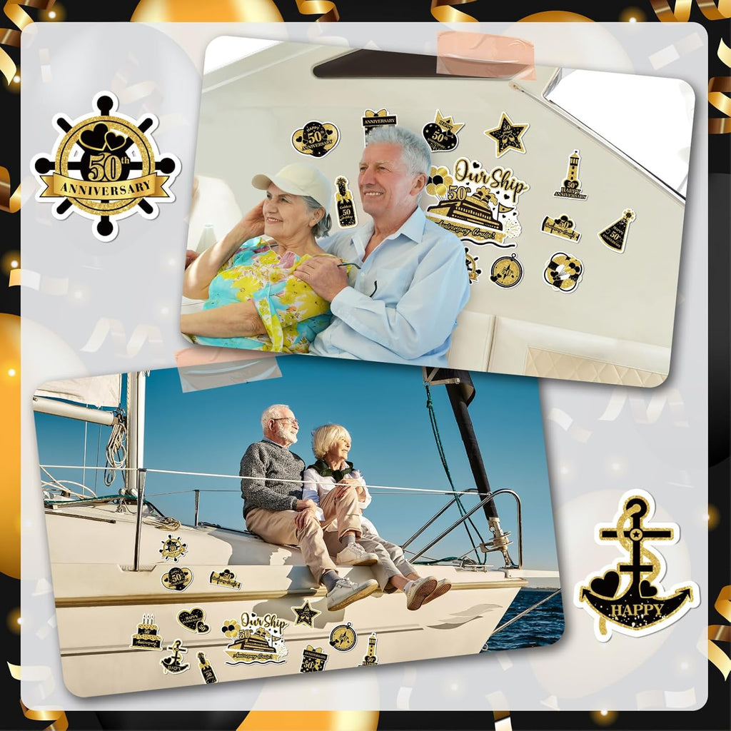 50th Anniversary Cruise Door Magnets Decorations, Gold Black Happy 50th Anniversary Cruise Ship Door Decor Magnetic for Married in 1975 Men Women Wedding Party Refrigerator Fridge Car Kitchen Garage