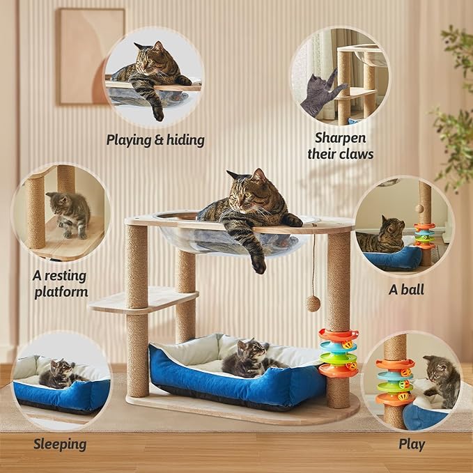 2 Tier Cat Tower,21.85 in cat Perch Wood cat condo with Hammock and Sisal Rope Scratcher Post Hanging Toy Balls for Indoor Large Cats Kittens (Blue)-PawvioPets