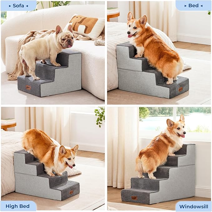 Dog Steps for Couch - Extra Wide Pet Stairs for Small Dogs and Cats, Dog Steps with Non-Slip Bottom Grey 3 Steps, Grey-PawvioPets