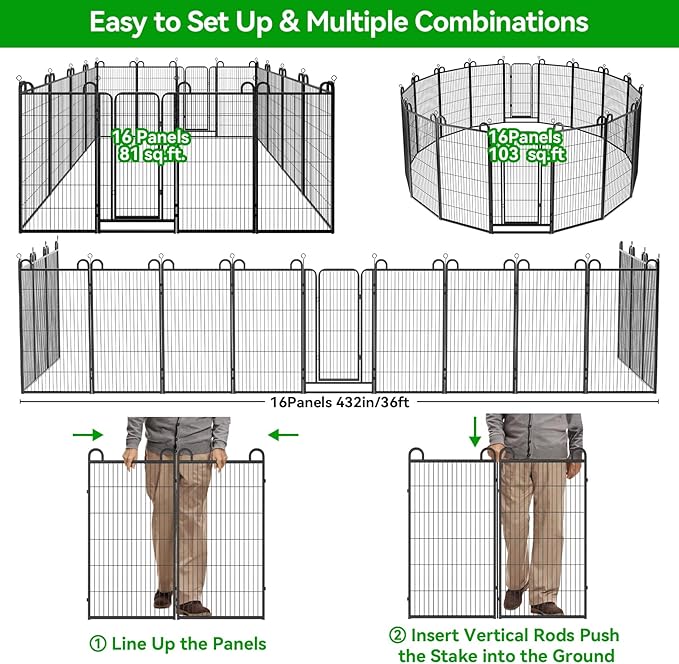 Dog Playpen Outdoor 16 Panels Heavy Duty Dog Fence 47" Height Anti-Rust with Doors Portable for RV Camping Yard, Total 36FT, 103 Sq.ft, Snowy Black-PawvioPets