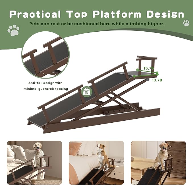 6 Level Height Adjustable Dog Ramp for Bed, Couch 65" Foldable Pet Ramp with Non-Slip Mat，DIY Glow Strips & Rest Platform Heavy Duty Dog Stairs for Large Dogs up to 200Lbs ，Brown-PawvioPets