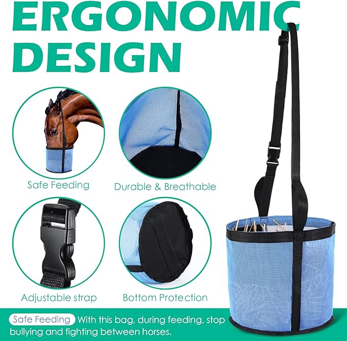 2 Pcs Horses Feed Horse Bag for Grain Hay Bags Heavy Duty Mesh Horse Feeder with Adjustable Strap Comfort Neck Pad Nose Pad and Waterproof Bottom Muzzle(Blue)-PawvioPets