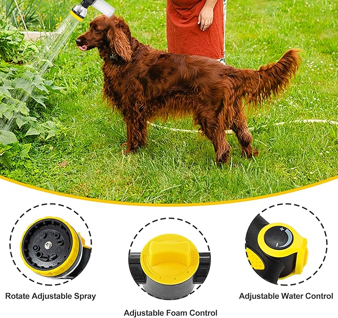 Dog Washing Hose Attachment, 10-in-1 Soap Sprayer Moden Garden Hose Nozzle with 100cc Soap Dispenser, Dog Wash Supplies with Dog Bath Brush & Pet Comb, Foam Gun Car Wash Sprayer (Yellow)-PawvioPets