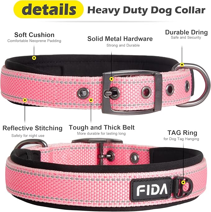 Fida Heavy Duty Dog Collar, Ultra Comfortable Soft Neoprene Padded, Adjustable Reflective Nylon Pet Collar with Durable Metal Belt Buckle for Small Breeds (S, Pink)-PawvioPets