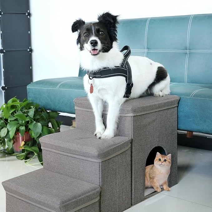 Dog Stairs with Storage Dog Steps for High Beds 3-Step Pet Stairs Ramp with Storage Box and Condo for Small Dogs Cats Pets-PawvioPets