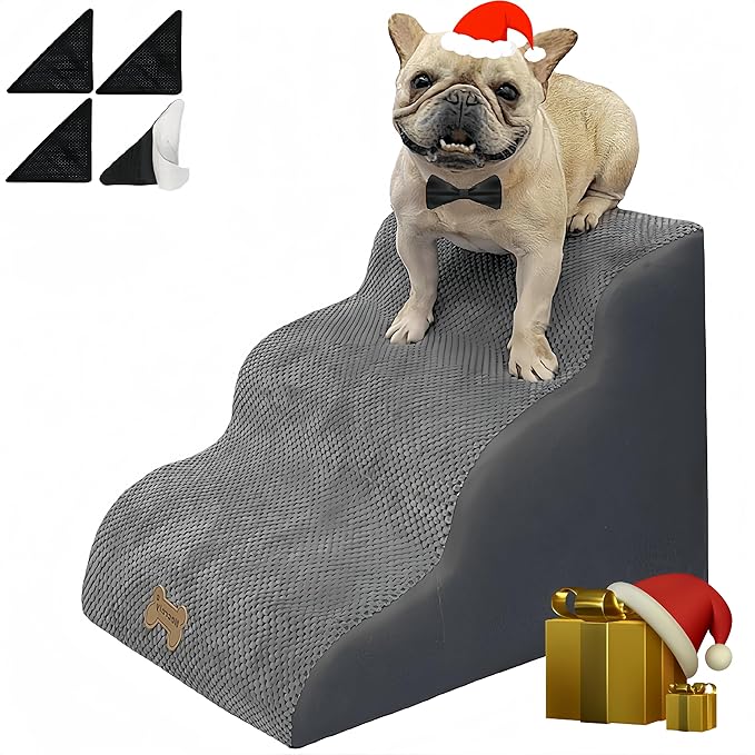 Dog Stairs to high beds, 3-step dog stairs for dogs to get on bed couch high 16"-20 inch, dog pet stairs for small large dogs cats climbing to bed, Non-Slip balanced doggy Grey (23.7*15.8*15.8 IN 33D)-PawvioPets