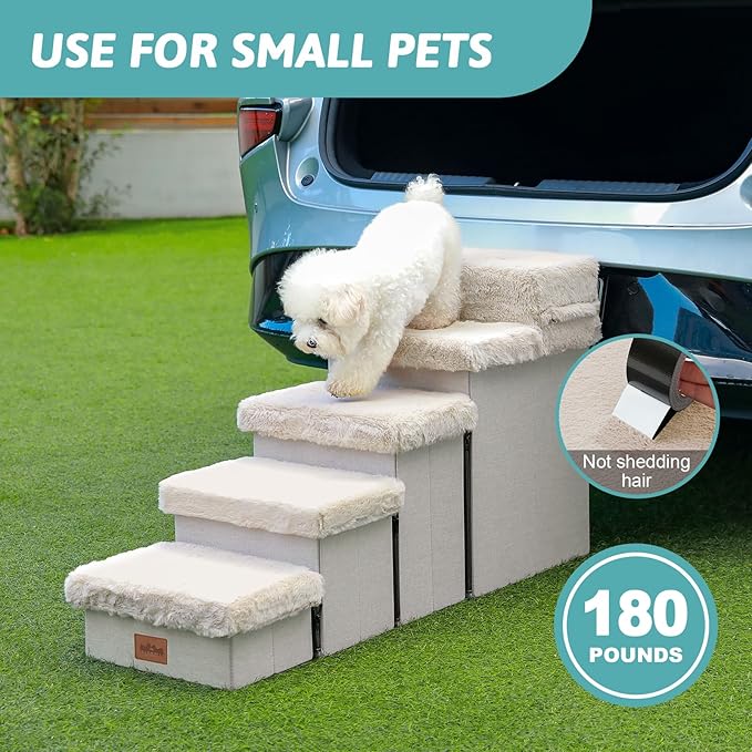 Dog Stair for Small Dogs with Storage, 21" H Foldable Pet Step with Soft Cover, Older Cat Ramp for High Bed or Car, Lightweight, Comfort, 39.7x13x21.2 inch, 5 Tiers, Beige-PawvioPets