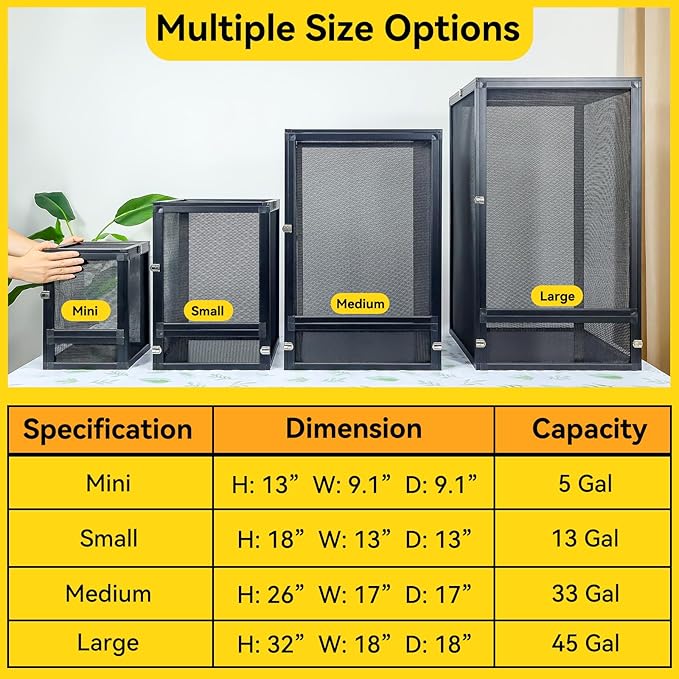 13 Gallon 360° Panoramic Foldable Reptile Terrarium Kit: Crested Gecko Tank and Reptile Cage for Superior Ventilation, Easy Feeding, Sturdiness, and Simple Assembly (Black, 18"x13"x13")-PawvioPets