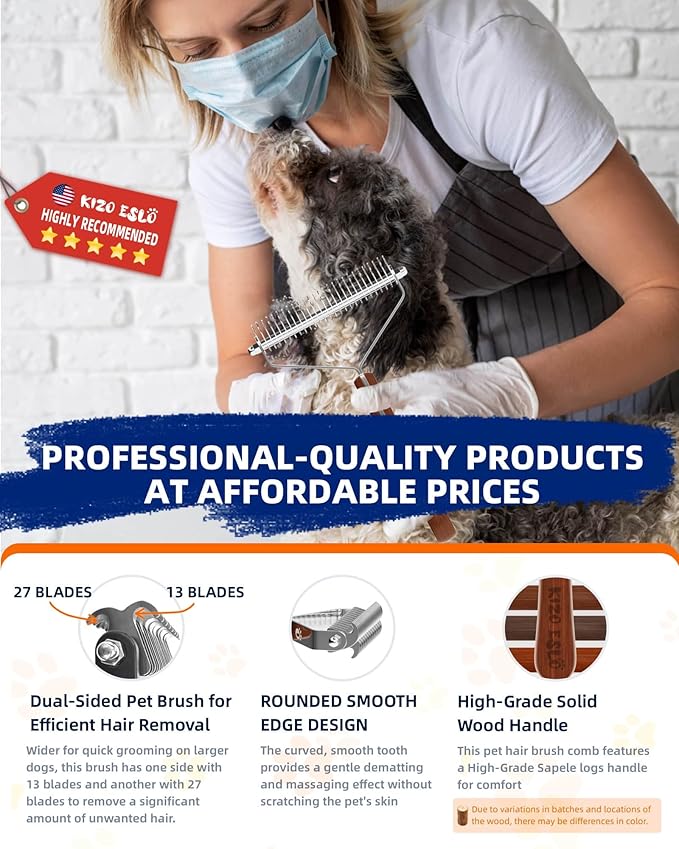 Extra Large 2-Sided Undercoat Rake for Dogs & Cats, Dog Brush for Shedding Remove Mats, Dematting Comb, Safe&Gentle Grooming Brush for German Shepherds Medium to Long-Haired Pets,Premium Wooden Handle-PawvioPets