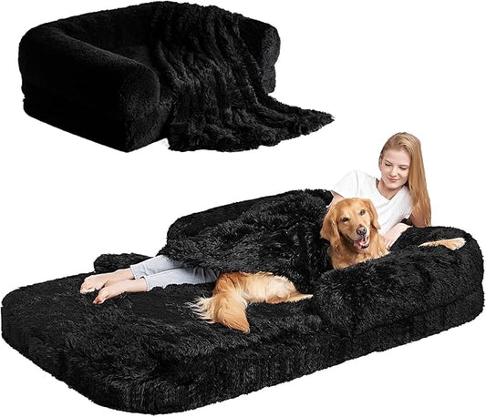 EHEYCIGA Foldable Human Dog Bed, Orthopedic Memory Foam Human Sized Dog Bed, Waterproof Pet Bed for People, Faux Fur Pet Couch for Adult, Black, 72"x44"x11"-PawvioPets