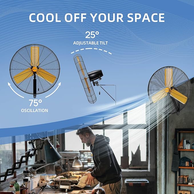 24 inch Oscillating High Velocity Wall Mount Fan, 7600 CFM Industrial Heavy Duty Metal Wall Fan, 3 Speeds, Adjustable Height and Tilt, Commercial Shop Fans for Garage, Workshop-PawvioPets