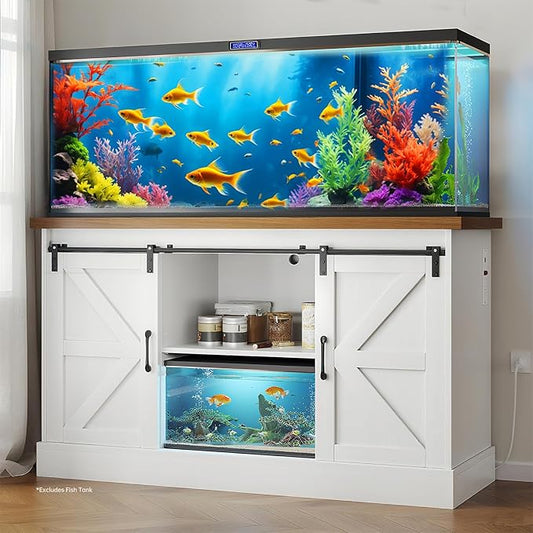 55-75 Gallon Fish Tank Stand with Sliding Barn Doors & Power Outlet, Heavy Duty Aquarium Stand with Cabinet Storage for Fish Tank, Turtle Tank, Reptile Terrarium, 1000LBS Capacity, White-PawvioPets