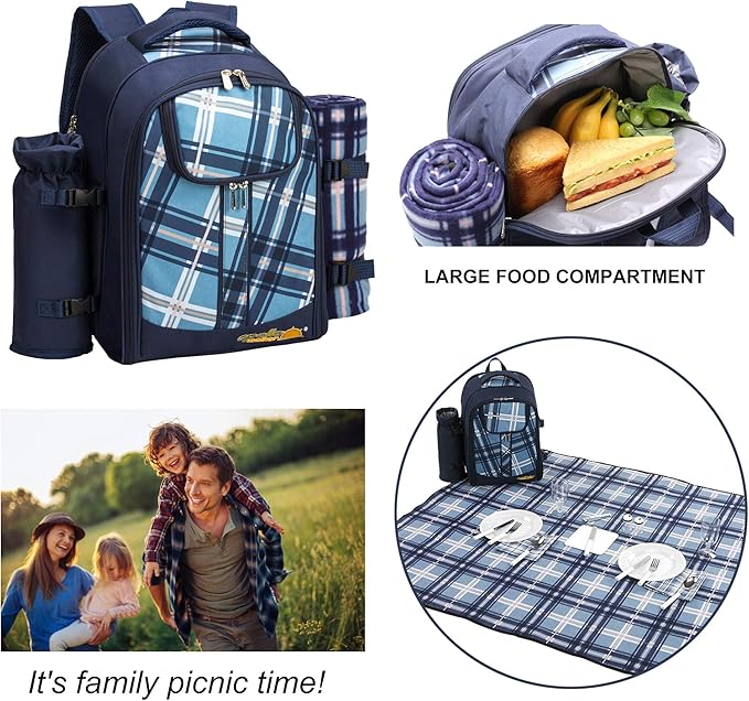 Apollo walker Picnic Backpack Set for 4 with Cooler Compartment,Detachable Bottle/Wine Holder Including Large Picnic Blanket(45"x 53") for Picnic Family and Lovers Gifts,Outdoor,BBQ Time (Blue)-PawvioPets