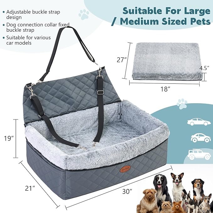 Dog Car Seat for Large/Medium Pet, Anti Slip Bottom Dogs Booster Seat for All Seasons,Pet Travel Bed with Thick Dog Sofa Cushion, Storage Pockets 2 Safety Leashes-PawvioPets