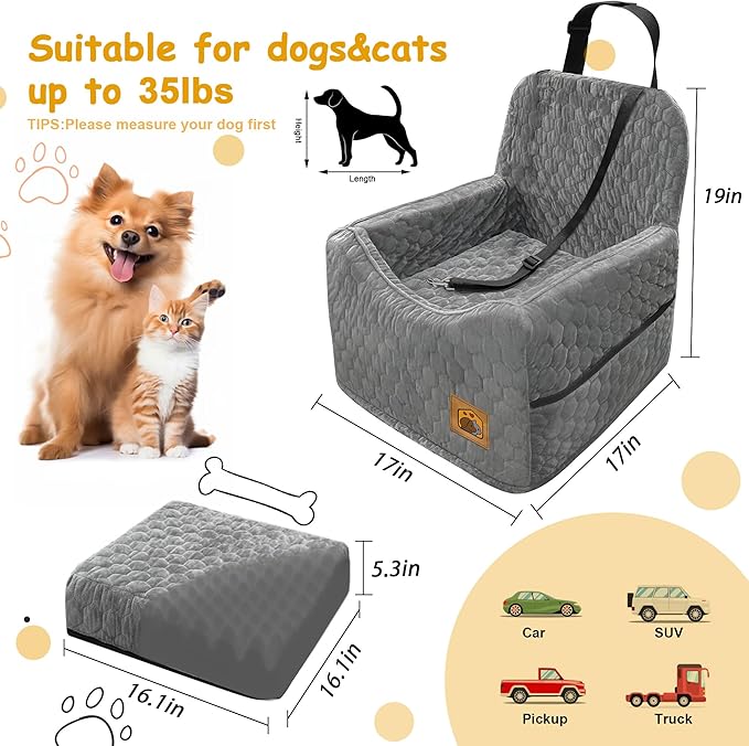 Dog Car Seat for Small/Medium Dogs, Memory Foam Dog Booster Seat, Travel Safety Per Car Seat with Washable Removable Cover, Storage Pockets for Dogs up to 35 lbs(Gray)-PawvioPets
