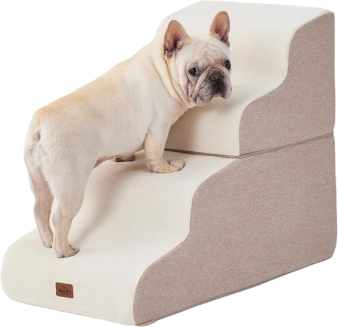 Beige Curved Dog Stairs Ramp for Small Dogs & Cats 22.8" H, 4-Step Dog Steps for Couch Sofa and Chair, Pet Stairs for Cats, Non-Slip Balanced Pet Steps-PawvioPets