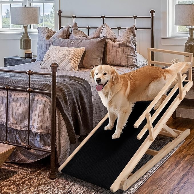 Dog Ramp, 5 Level Adjustable Height Folding Pet Ramp for High Bed, Portable Paw Ramps Large Bed Ramp for Medium & Large Old Dogs & Cats - Natural Wood Furniture Quality-PawvioPets