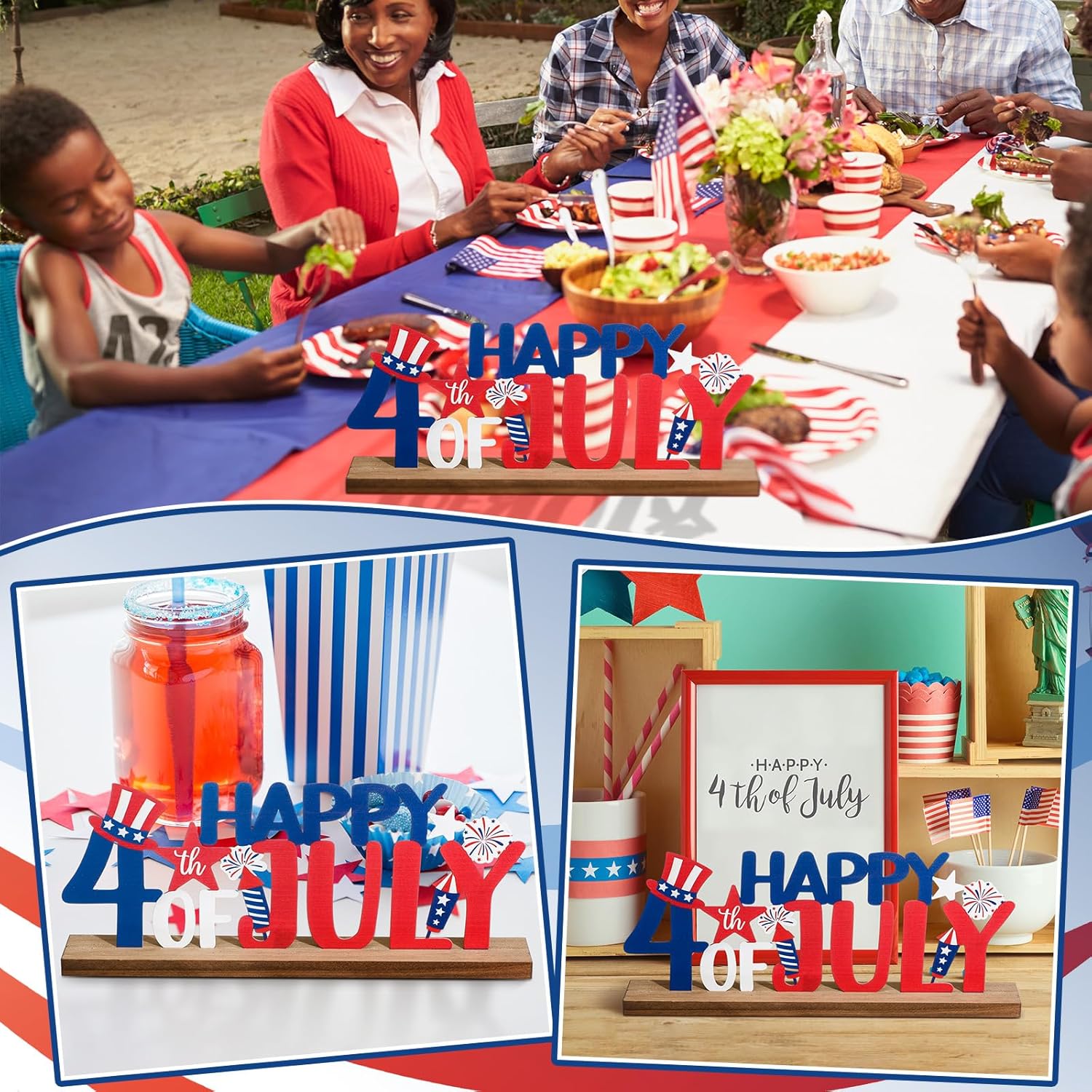 Happy 4th of July/Patriotic Metal Sign Rustic Table Decor Holiday Tiered Tray Decor with Wooden Base Freestanding Metal Word Sign for Home Tabletop Centerpiece Mantel Shelf Fireplace