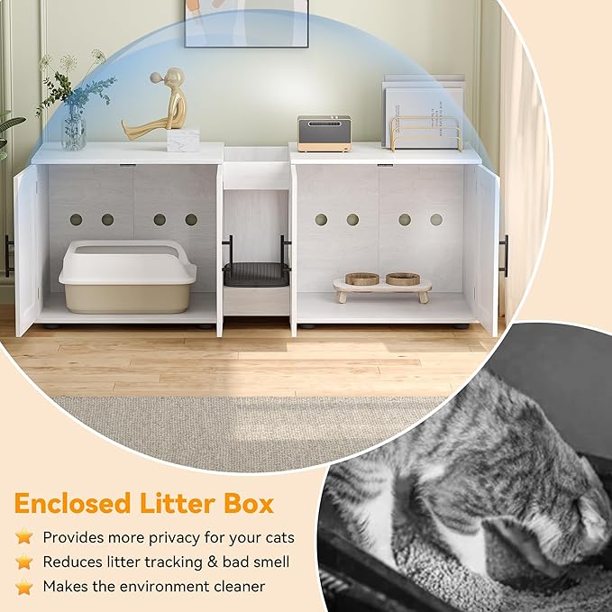 Gaomon Litter Box Enclosure with Double Cage, Cat House,Hidden Litter Box Enclosure Furniture for 2 Cats, Wooden Enclosed Cat Litter Box Furniture,55”L x 17.7”W x 22.5”H,White-PawvioPets