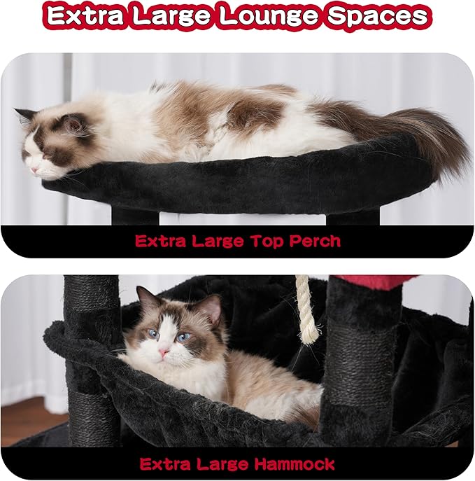 Gothic Cat Tree, Cat Tower for Large Cats with 2 Big Platforms, 2 Baskets, condo and Toys, 63" Cat Scratching Posts for Indoor Cats, Black and red GCT020BR-PawvioPets