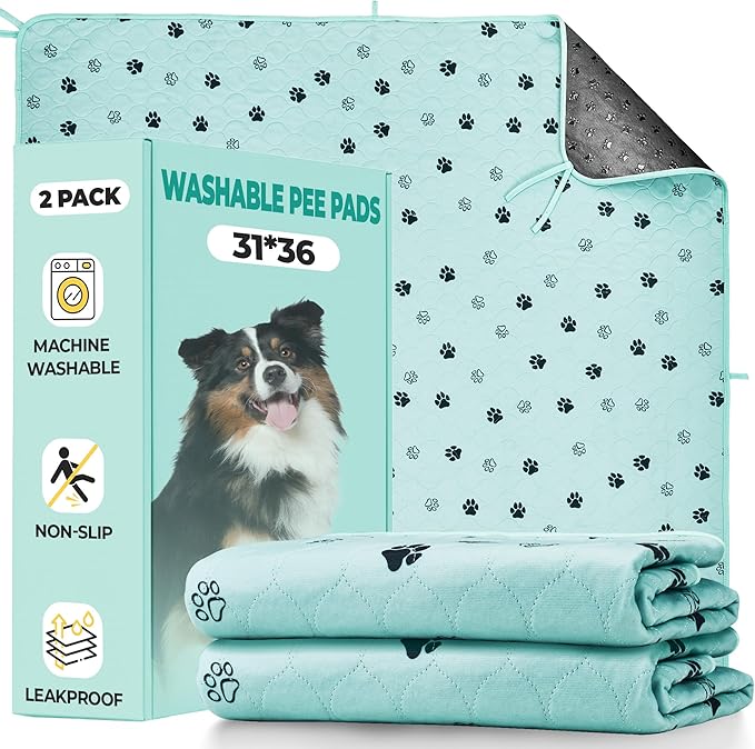 Fostanfly Washable Pee Pads for Dogs, 2 Pack Large 31"x36" Ultra-Absorbent and Leak-Proof Non-Slip Reusable Potty Training Pads for Dogs, Cats, Puppy, Potty of Add 8 Lanyards, Green-PawvioPets