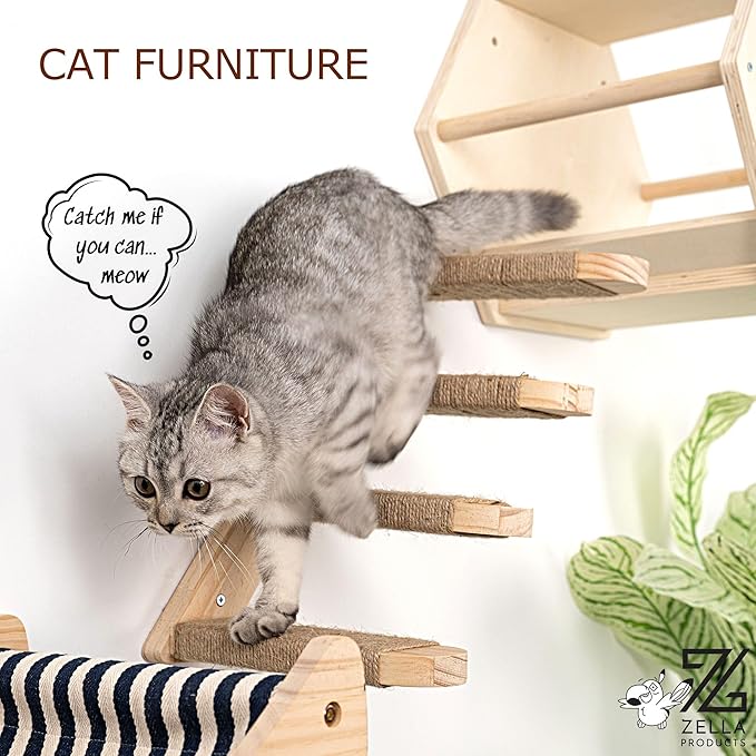 3-Piece Cat Wall Furniture Set - Hammock, Hexagon House, Climbing Steps - Wall Mounted Shelves, Perches, and Beds - Modern Design for Large Cats and Kittens & Spare Hammock Fabric Included-PawvioPets