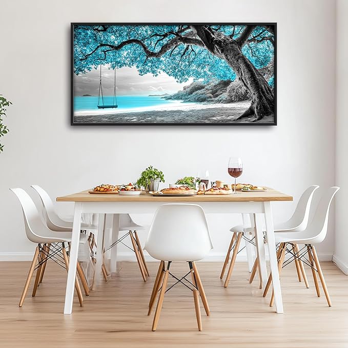 Extra Large Framed Abstract Tree Wall Art,Black and White Tree of Life Wall Decor,Blue Teal Sea Pictures for Living Room,Canvas Print Painting Modern Artwork Bedroom Office Bathroom 60L x 30W-PawvioPets