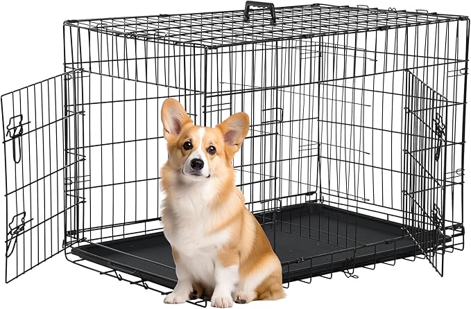 FDW 30 inch Dog Crate Dog Kennel Cage with Double Door Folding Metal Wire Dog Cage with Removable Tray&Divider Panel,Pet Crate for Medium Dogs,Black-PawvioPets