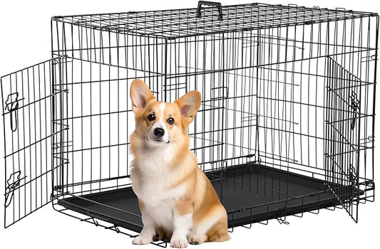 FDW 30 inch Dog Crate Dog Kennel Cage with Double Door Folding Metal Wire Dog Cage with Removable Tray&Divider Panel,Pet Crate for Medium Dogs,Black-PawvioPets