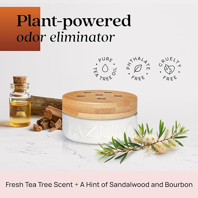 Azuna Air Freshener & Odor Eliminator for Strong Odor | 4 Room Kit Includes (4) Empty Luxe Glass Jars & 24oz Gel Refill with Tea Tree Essential Oil | Sandalwood Scent | Last 60-90 Days-PawvioPets