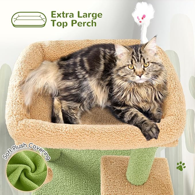 Globlazer Cactus Cat Tree Tower for Indoor Cats, 50-inch Adult Cat Tree House for Large Adult Cats with Steps, Scratching Post, 2 Cat Caves, Dangling Toys, FC50, Green-PawvioPets