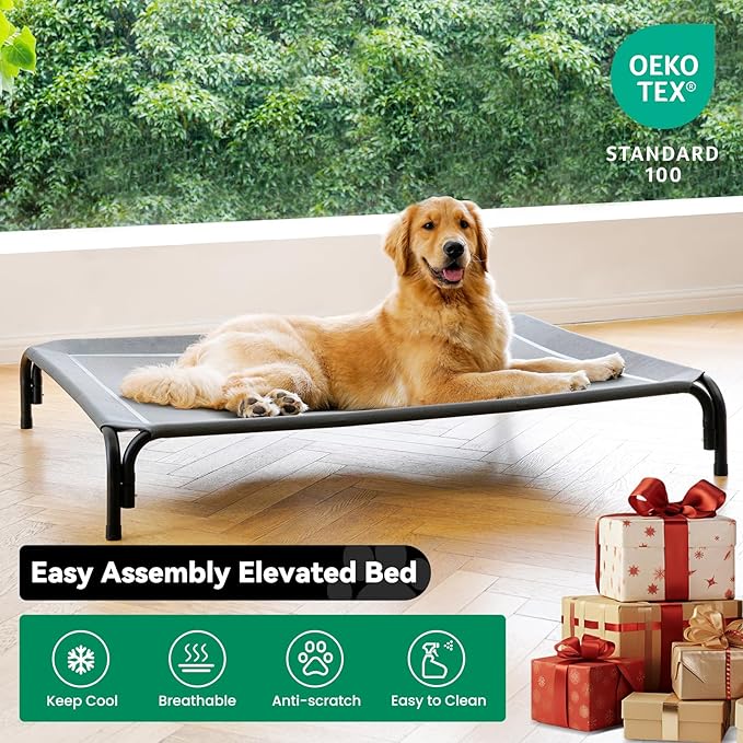 Elevated Dog Bed Raised Outdoor Dog Cot for Medium Dogs, Installation Requires No Tools, Frame with Washable Cooling Breathable Mesh Anti-Slip Feet, Indoor Pet Bed, Grey, 35.4 Inches-PawvioPets