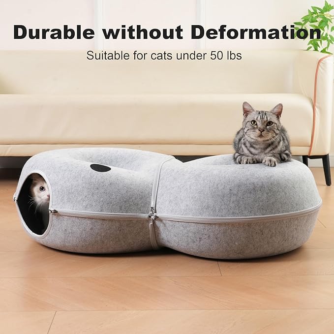 8-Shaped Large Cat Tunnel Bed for Indoor Cats, Infinite Circulation Peekaboo Cat Cave with 12 Toy Balls, Cat Donut Tunnel for Cats up to 30 Pounds (Light Grey, L 38x24x11in)-PawvioPets